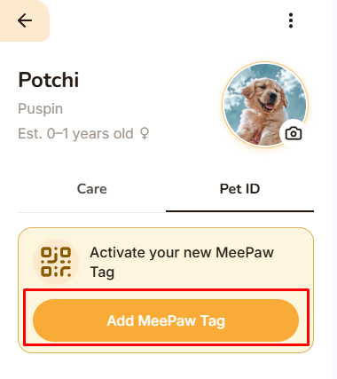 Pet profile on the Pet ID tab, with Add MeePaw Tag highlighted