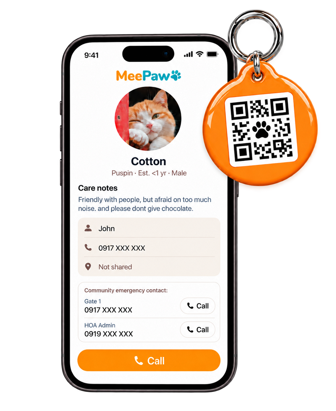 MeePaw pet ID on a phone with a scannable collar tag