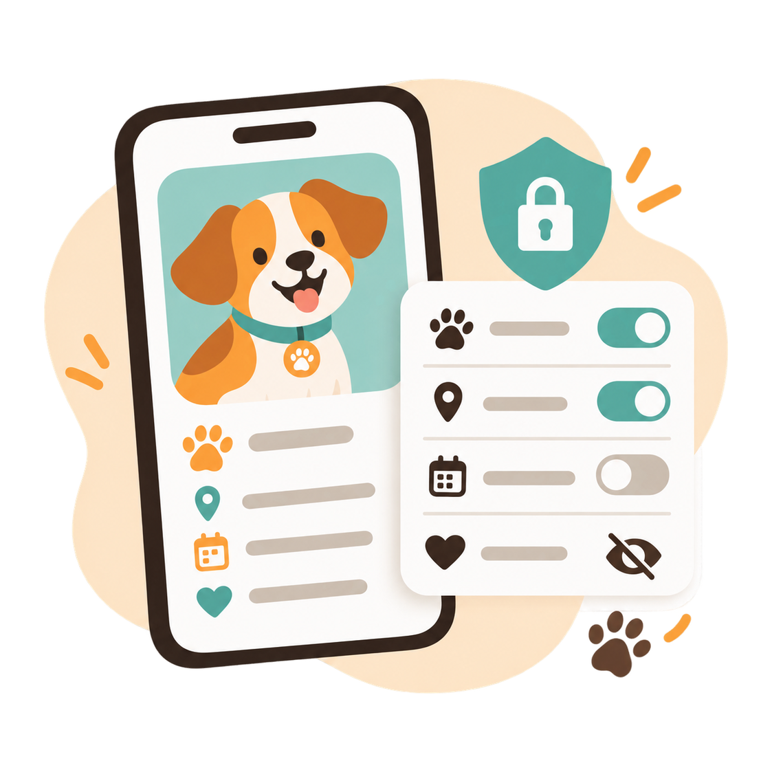 Pet profile on a phone with privacy toggles for what a finder can see
