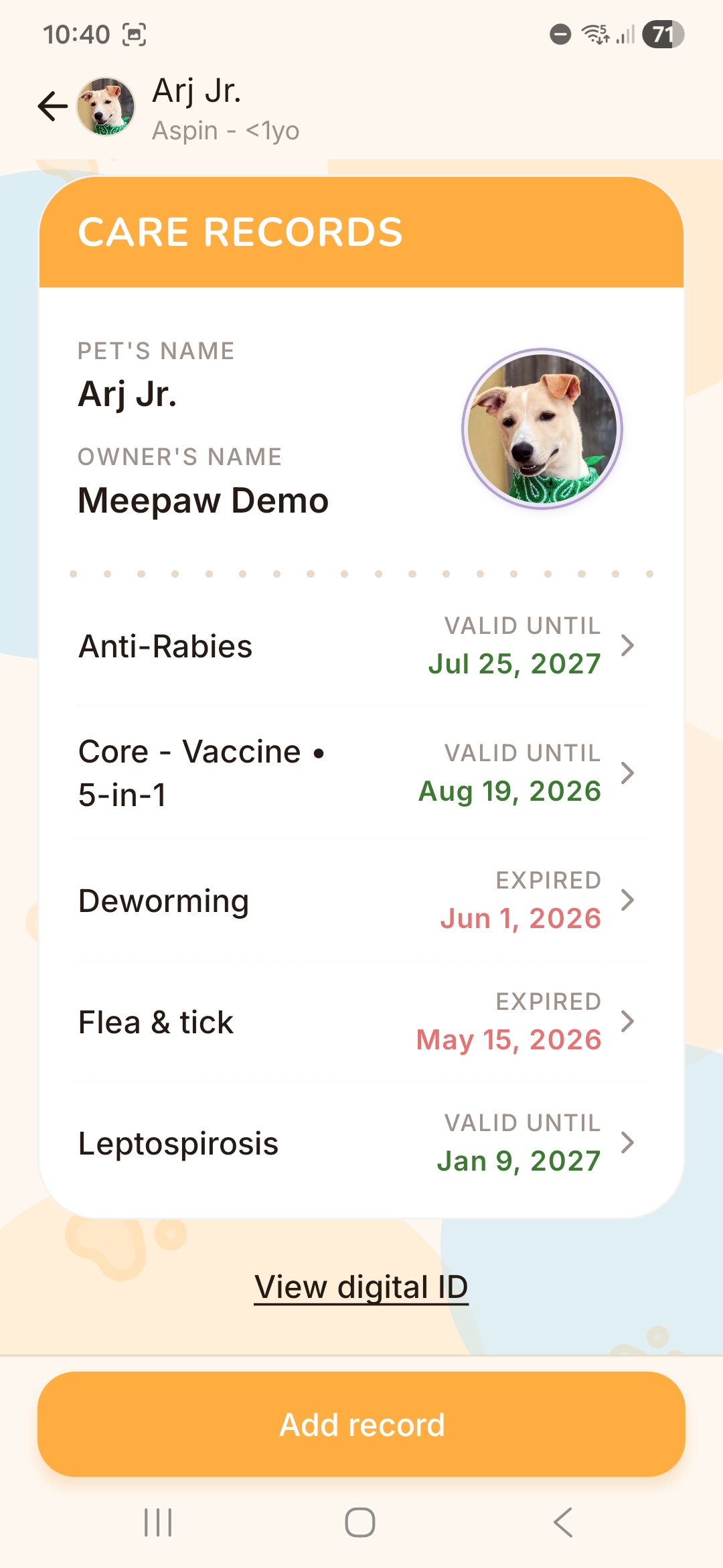 Care records for vaccines and deworming
